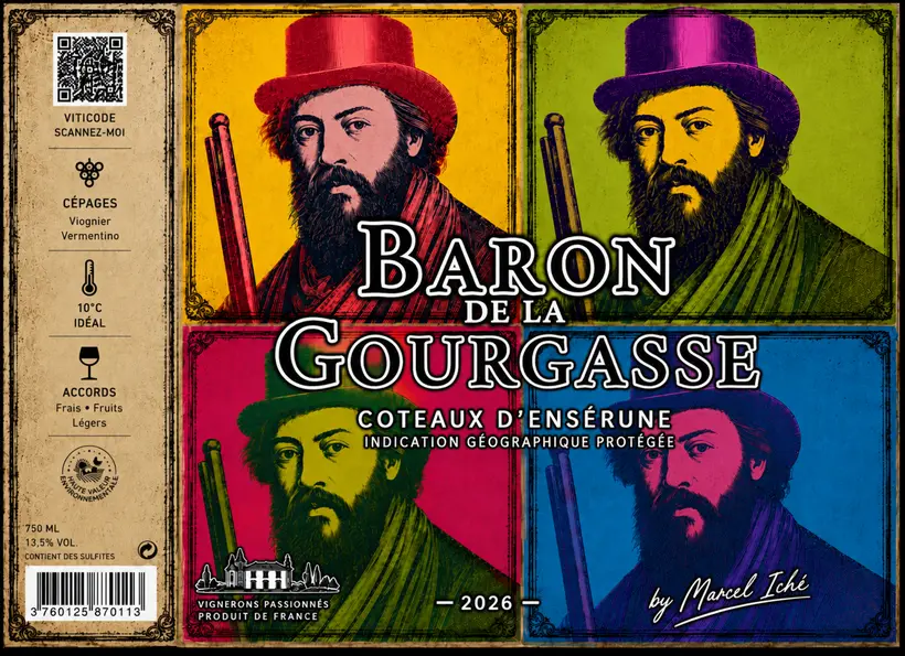 Étiquette Baron de la Gourgasse, IGP Coteaux d'Ensérune 2026 : le même portrait d'un baron barbu en chapeau haut-de-forme répété quatre fois en couleurs pop art