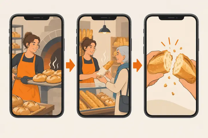Trois écrans de téléphone : une boulangère sort le pain du four, le vend à une cliente, puis le pain craque