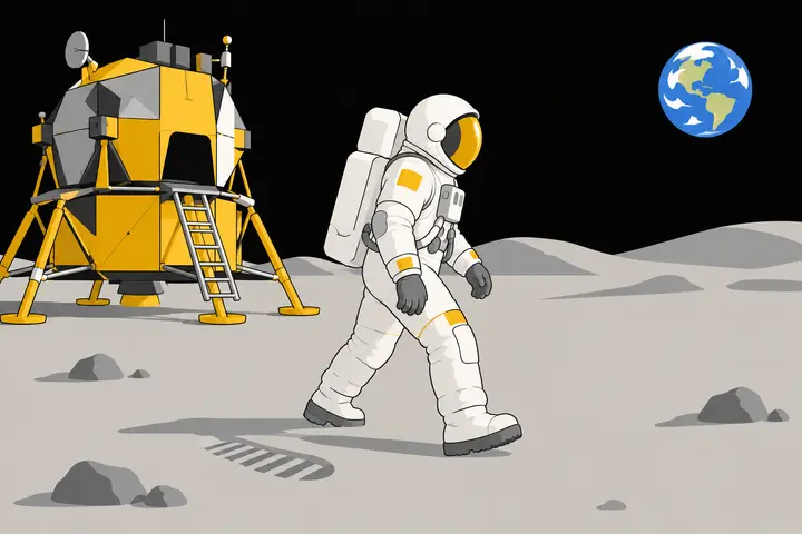 Un astronaute marche sur la Lune devant le module lunaire, la Terre en arrière-plan