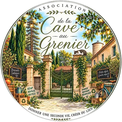 Logo couleur De la Cave au Grenier : portail fleuri du domaine en médaillon