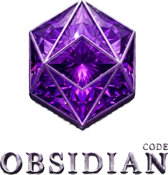 Logo Obsidian Code : gemme facettée violette au-dessus du mot OBSIDIAN