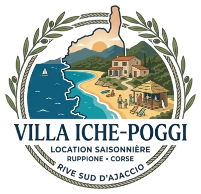 Logo Villa Iché-Poggi : la Corse, la plage et la villa dans une couronne d'olivier