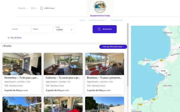 Liste des 7 appartements avec photos, prix à partir de 65 € par nuit et carte du golfe