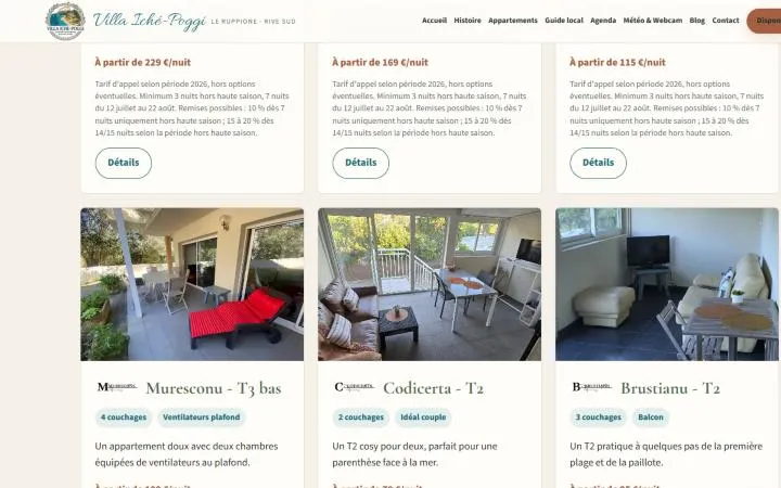Cartes des appartements Muresconu, Codicerta et Brustianu avec photos, couchages et tarifs